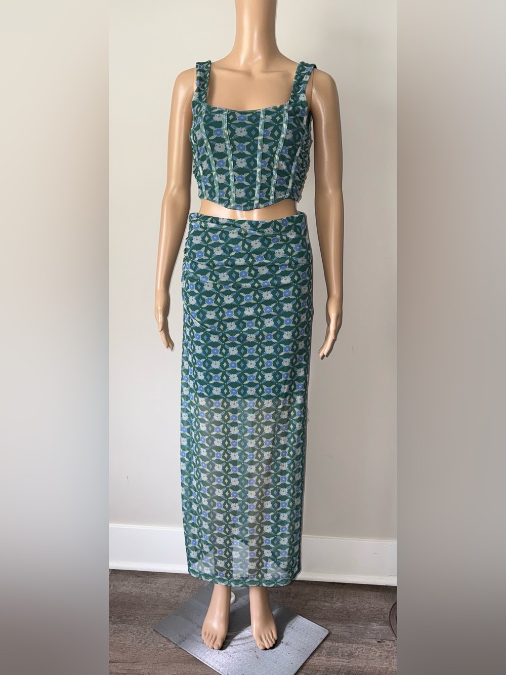 Free People Green & Blue Floral Two-Piece Maxi Skirt Set